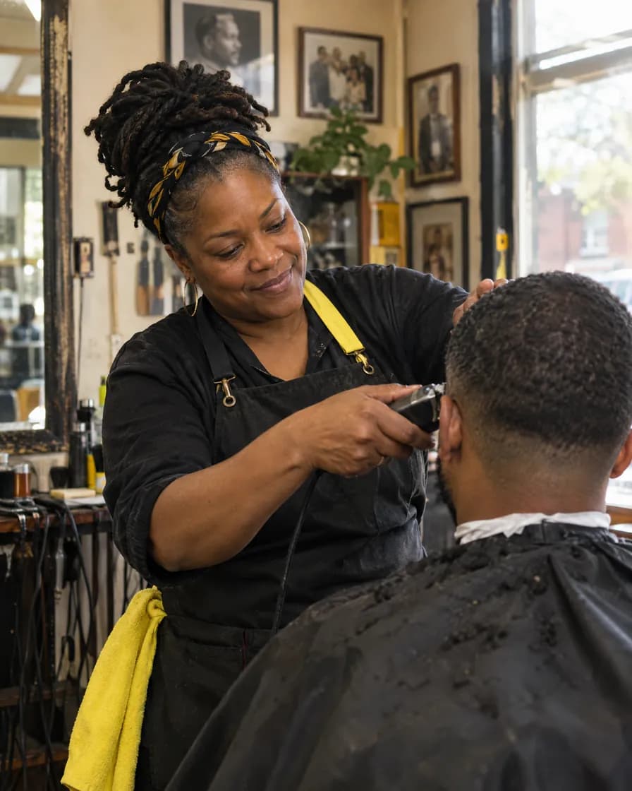 A barber cutting a client's hair in her shop