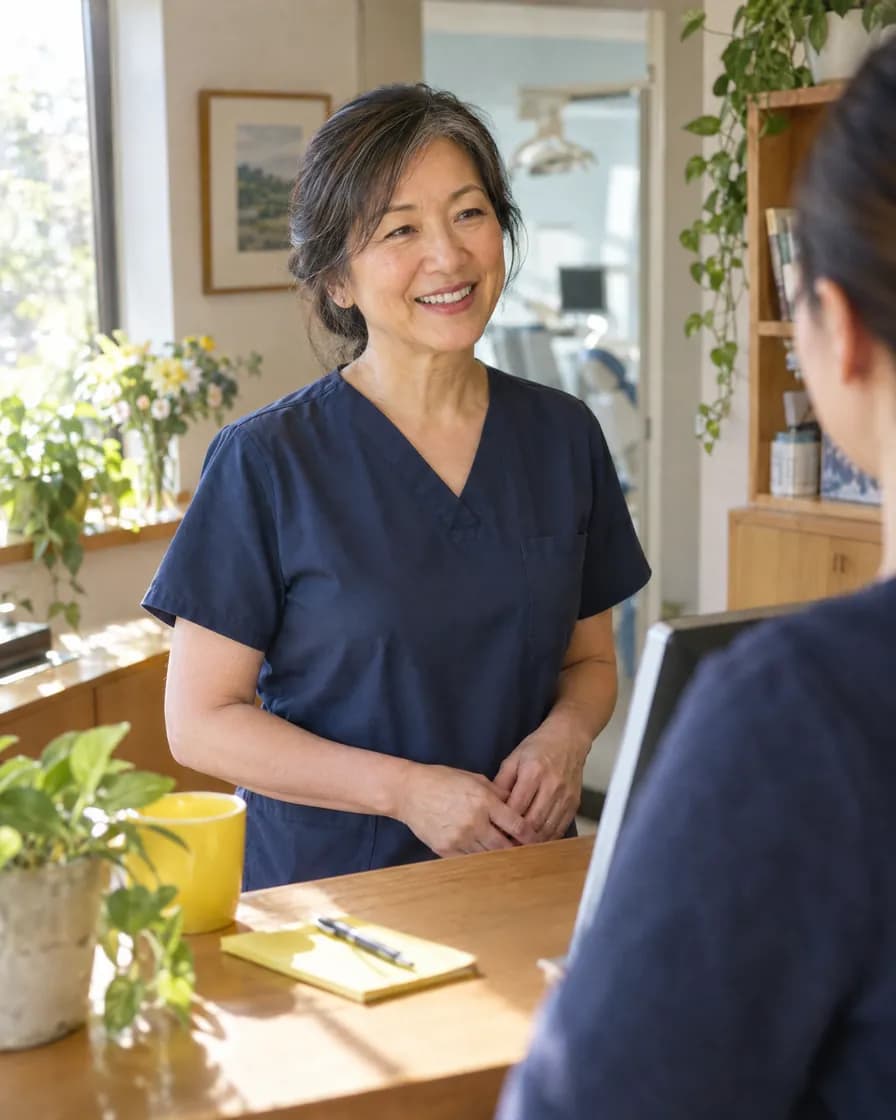 A dentist at the front desk of her practice