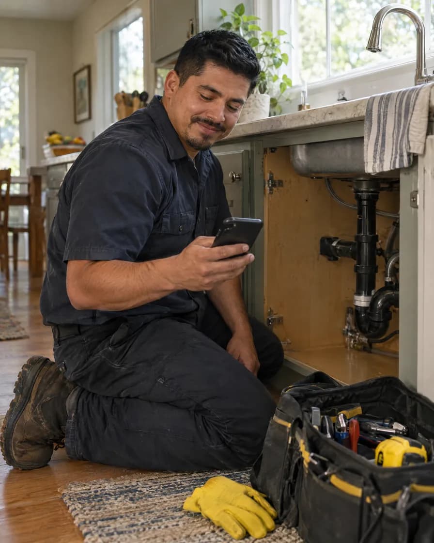A plumber checking his phone on a job